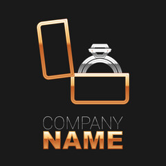 Naklejka premium Line Diamond engagement ring in a box icon isolated on black background. Colorful outline concept. Vector