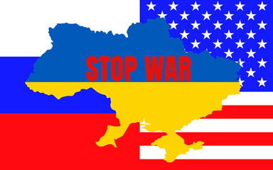 Ukraine map with national flag on background American and Russian flags