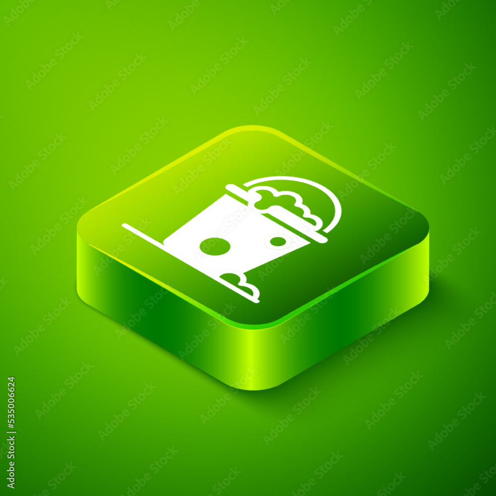 Poster Isometric Bucket with foam and bubbles icon isolated on green background. Cleaning service concept. Green square button. Vector