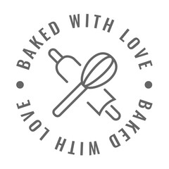 Baked with love. Hand drawn isolated metal whisk. Kitchen tools. Vector engraved icon. For restaurant and cafe menu, baker shop, bread, pasty, sweets.