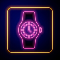 Glowing neon Wrist watch icon isolated on black background. Wristwatch icon. Vector