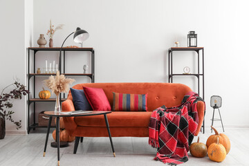 Autumn interior of living room with red sofa and shelving units