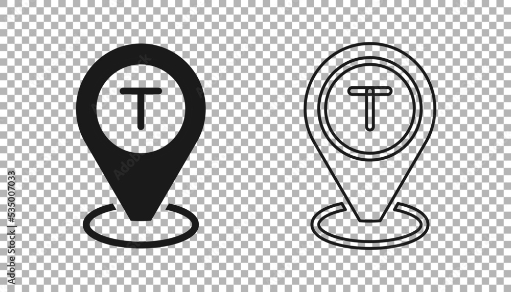 Poster Black Map pointer with taxi car icon isolated on transparent background. Location symbol. Vector