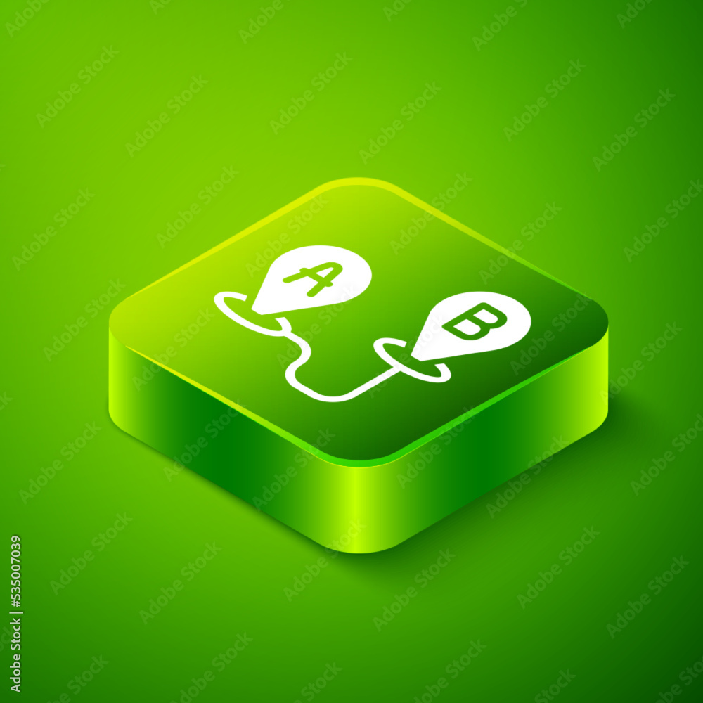 Poster isometric route location icon isolated on green background. map pointer sign. concept of path or roa