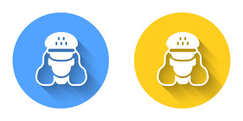 White Taxi driver icon isolated with long shadow background. Circle button. Vector