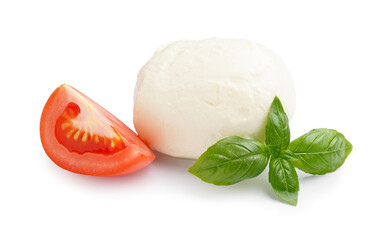 Tasty mozzarella cheese, basil and piece of tomato on white background