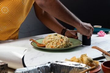 Egg Fried Rice served in a dish isolated on background side view of chinese food
