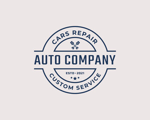 Vintage Retro Badge Emblem Car Auto Service logo with Pistons Silhouette Design Linear Style