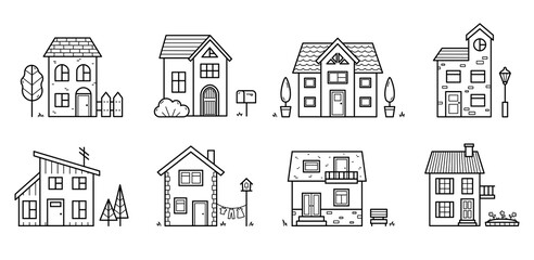 Set of houses. Collection of various city and village homes with decor element. Doodle sketch style. Isolated vector illustration.