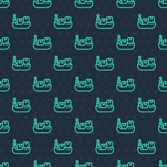 Green line Cargo ship with boxes delivery service icon isolated seamless pattern on blue background. Delivery, transportation. Freighter with parcels, boxes, goods. Vector