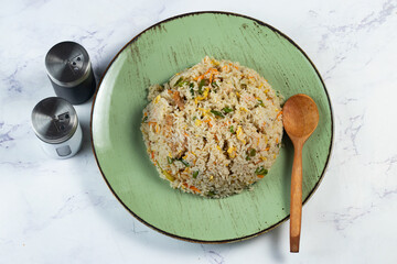 Egg Fried Rice served in a dish isolated on background side view of chinese food