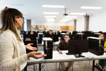 Hispanic teacher doing lecture in high school - Education concept