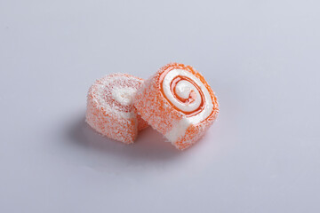 Traditional turkish coffee and turkish delight on white background. Flat lay.
