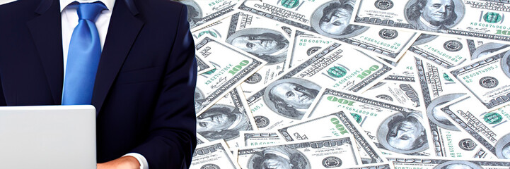 Panoramic banner of 100 dollar banknote and businessman working on laptop. Financial investment and success concept.