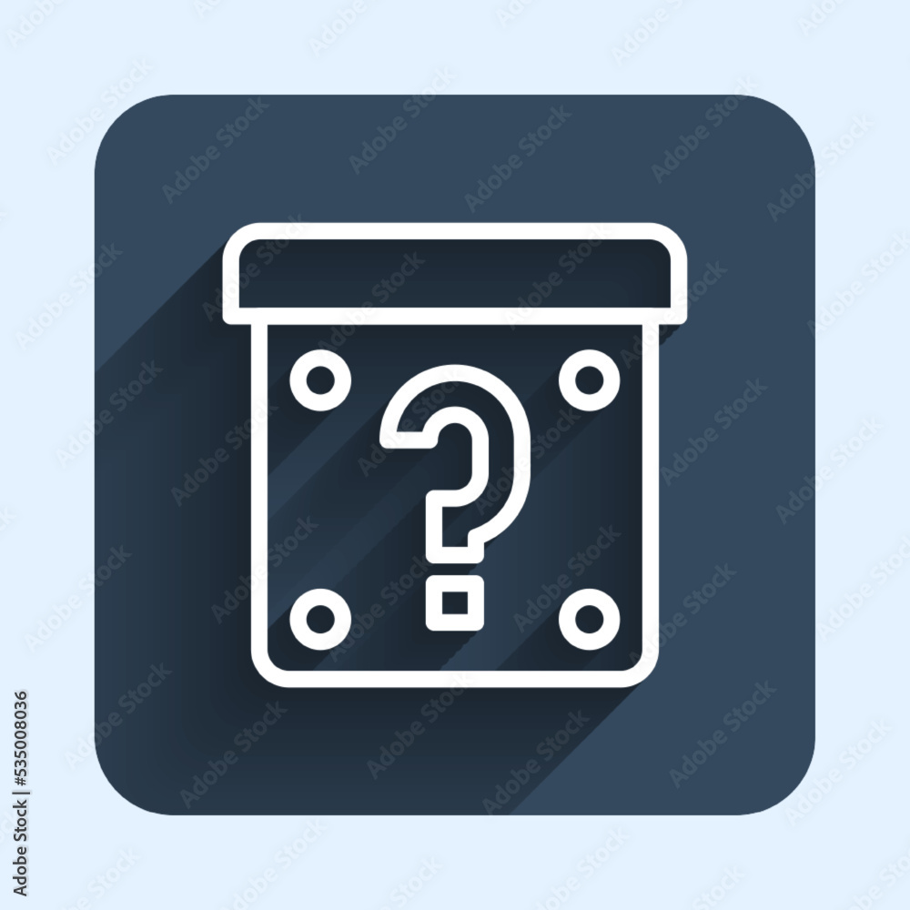 Poster white line mystery box or random loot box for games icon isolated with long shadow background. quest