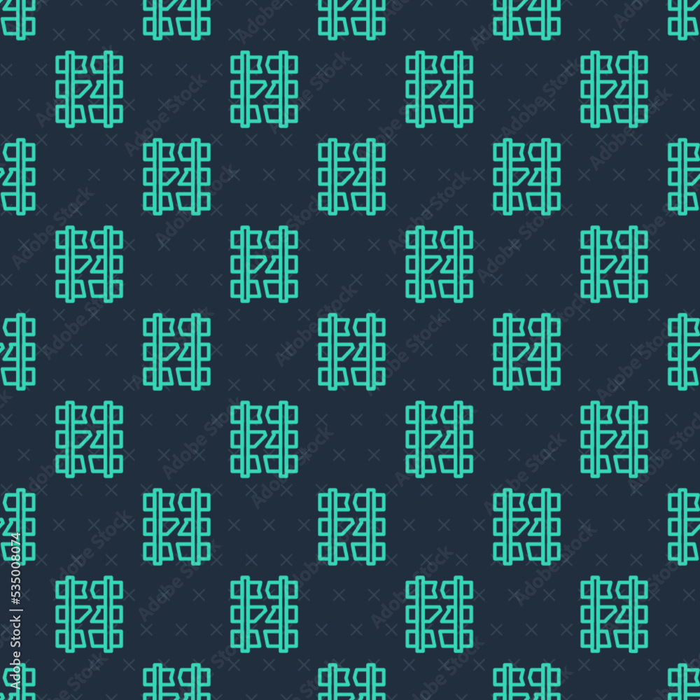 Poster green line broken or cracked rails on a railway icon isolated seamless pattern on blue background. v