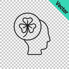 Black line Human head with clover trefoil leaf icon isolated on transparent background. Happy Saint Patricks day. National Irish holiday. Vector