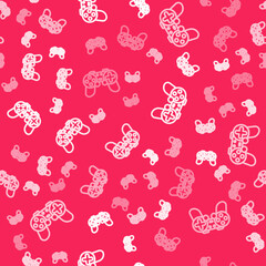 White line Gamepad icon isolated seamless pattern on red background. Game controller. Vector