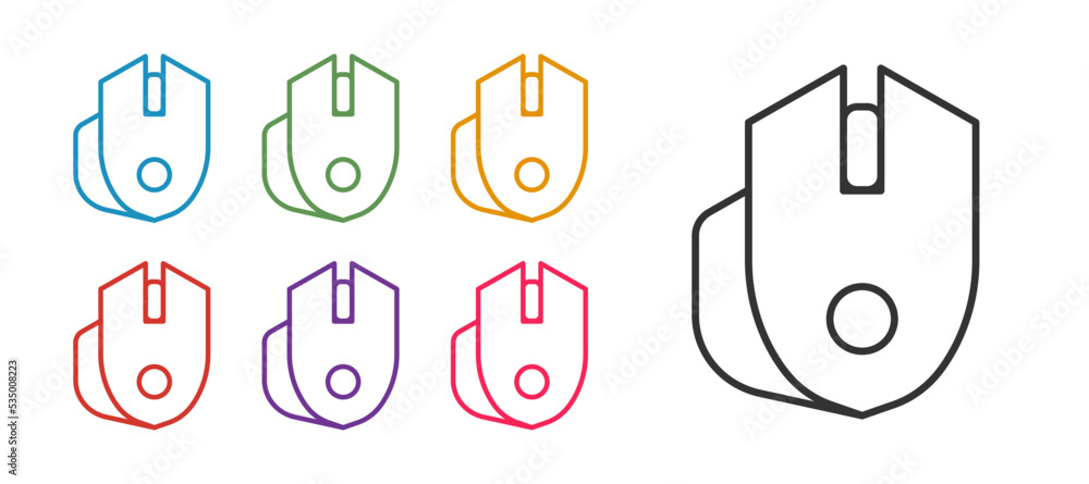 Poster set line computer mouse gaming icon isolated on white background. optical with wheel symbol. set ico