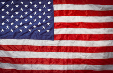 Fototapeta premium Flat lay USA flag, vintage background with copy space top view. Banner, minimalism, loft style. American