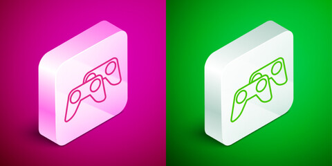 Fototapeta premium Isometric line Game controller or joystick for game console icon isolated on pink and green background. Silver square button. Vector