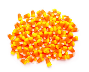 Halloween candy corns on white background