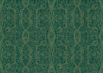 Hand-drawn unique abstract symmetrical seamless gold ornament and splatters of golden glitter on a dark cold green background. Paper texture. Digital artwork, A4. (pattern: p09b)