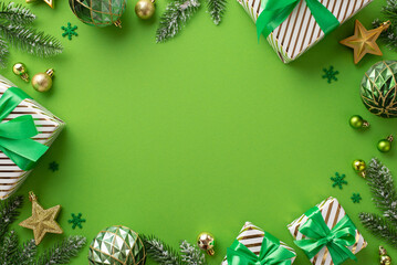 New Year concept. Top view photo of gift boxes with ribbon bows gold and green baubles star ornaments confetti and pine branches in hoarfrost on isolated green background with copyspace in the middle