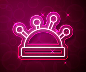 Glowing neon line Needle bed and needles icon isolated on red background. Handmade and sewing theme. Vector