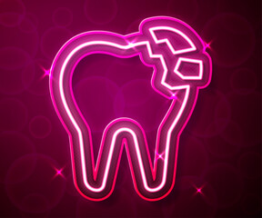 Glowing neon line Broken tooth icon isolated on red background. Dental problem icon. Dental care symbol. Vector