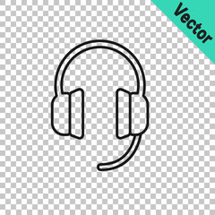 Black line Headphones icon isolated on transparent background. Earphones. Concept for listening to music, service, communication and operator. Vector