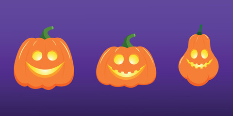 Halloween pumpkin collection three variants in flat vector style. Illustration for content, banner, poster, greeting card.