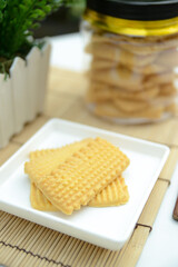 homemade eid snacks, Indonesian traditional cookies isolated on white background, served for Idul Fitri or The Great Islamic Day, front view