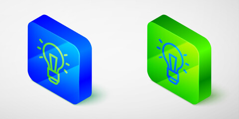 Isometric line Light bulb with concept of idea icon isolated on grey background. Energy and idea symbol. Inspiration concept. Blue and green square button. Vector