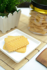 homemade eid snacks, Indonesian traditional cookies isolated on white background, served for Idul Fitri or The Great Islamic Day, front view