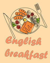English breakfast. Brunch serving top view. Continuous line morning meal. Omelet and sausages on plate. Lunch snack. Toasts and vegetable slices. Fried eggs. Vector outline illustration