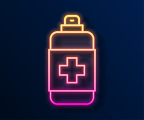 Glowing neon line Bottle of liquid antibacterial soap with dispenser icon isolated on black background. Antiseptic. Disinfection, hygiene, skin care. Vector