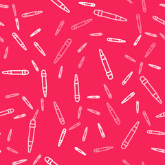 White line Pencil with eraser icon isolated seamless pattern on red background. Drawing and educational tools. School office symbol. Vector
