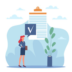 Completed task, positive checklist result, passed exam. Business woman with document or to do list, productive worker finished project, achieve goal. Vector cartoon flat concept