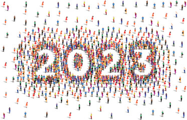 2023 happy new year greeting card design. A large group of people form to create the year number 2023 or twenty twenty three.