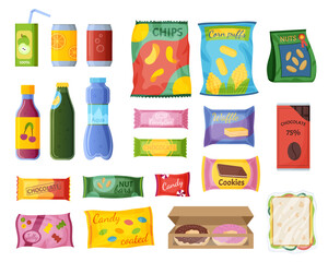 Food snack. Packet wrapper. Biscuits package. Sweets box. Soda can. Chips bag. Chocolate crisps. Juice or water bottle. Sandwich and donut. Isolated meal packing set. Vector illustration