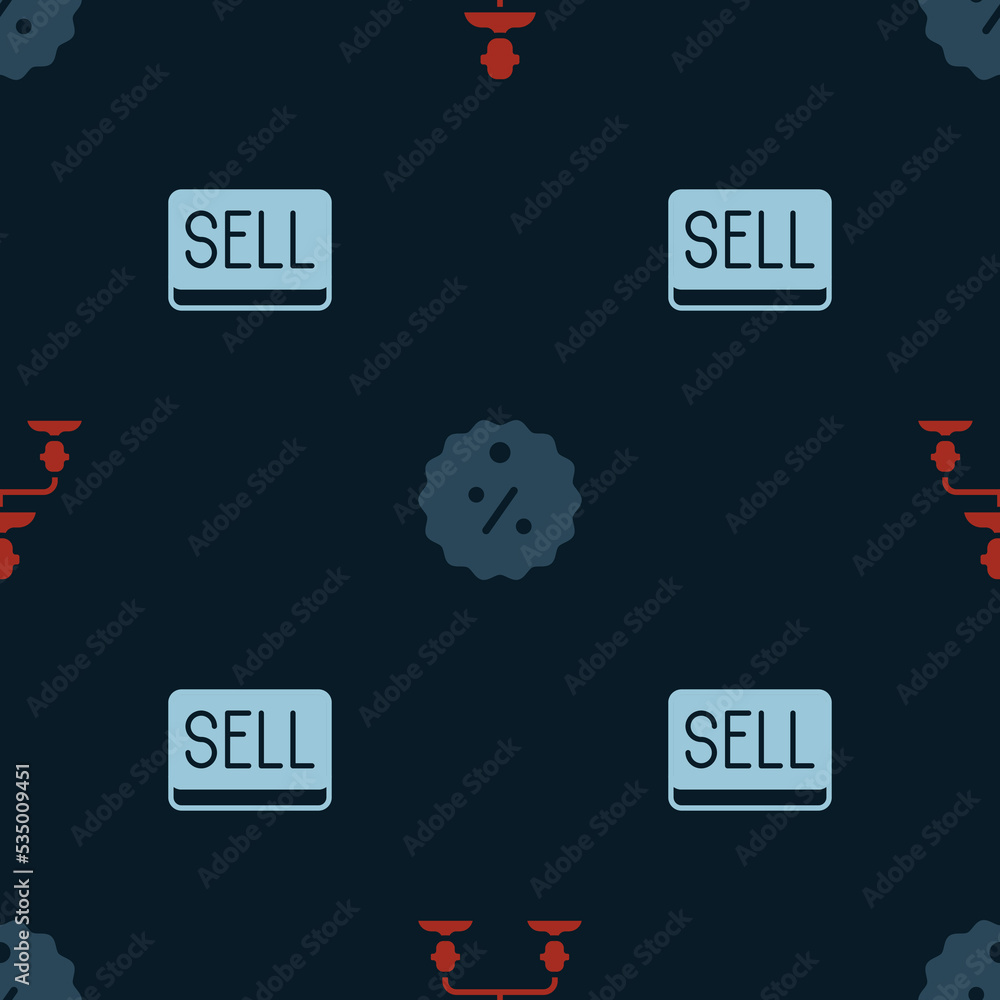 Poster set employee hierarchy, discount percent tag and sell button on seamless pattern. vector