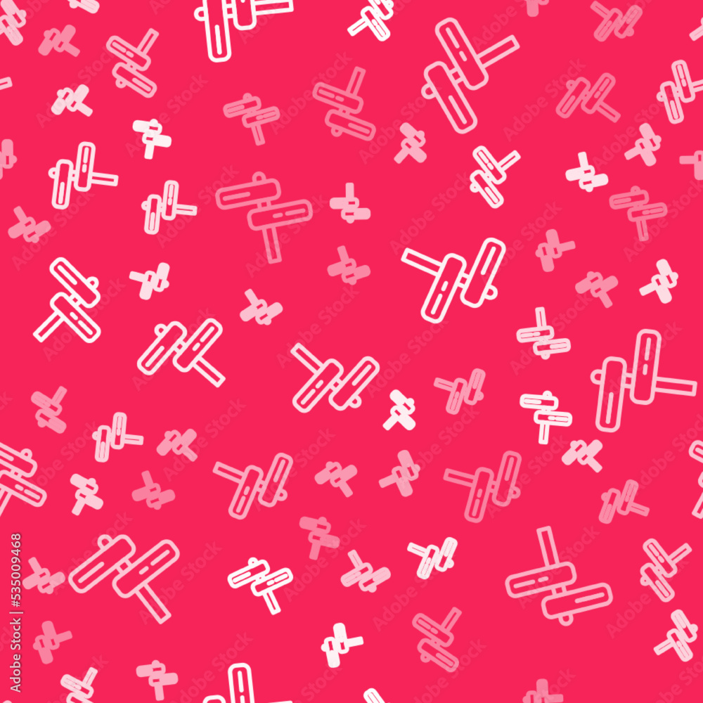Poster white line road traffic sign. signpost icon isolated seamless pattern on red background. pointer sym