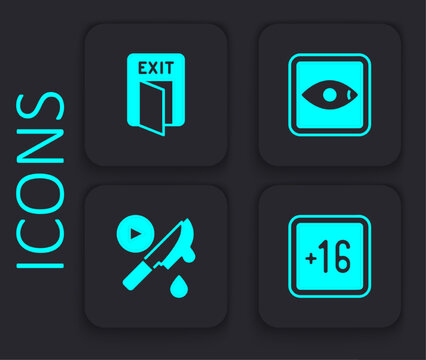 Set Plus 16 movie, Fire exit, Rating and Thriller icon. Black square button. Vector
