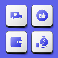 Set Delivery cargo truck, Hand like, Wallet and Money bag icon. White square button. Vector