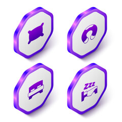 Set Isometric Pillow, Travel neck pillow, Big bed and Time to sleep icon. Purple hexagon button. Vector