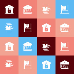 Set pop art Closed warehouse, Free storage, Carton cardboard box and Warehouse interior with boxes icon. Vector