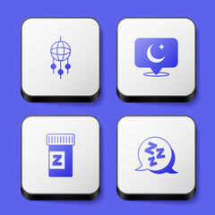 Set Dream catcher with feathers, Moon and stars, Sleeping pill and Sleepy icon. White square button. Vector