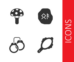 Set Magic hand mirror, Psilocybin mushroom, Handcuffs and runes icon. Vector