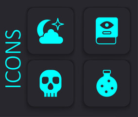 Set Bottle with potion, Moon and stars, Ancient magic book and Skull icon. Black square button. Vector